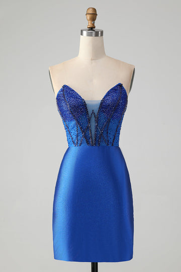 Vestido de cóctel corto ajustado sin tirantes azul real brillante con pedrería